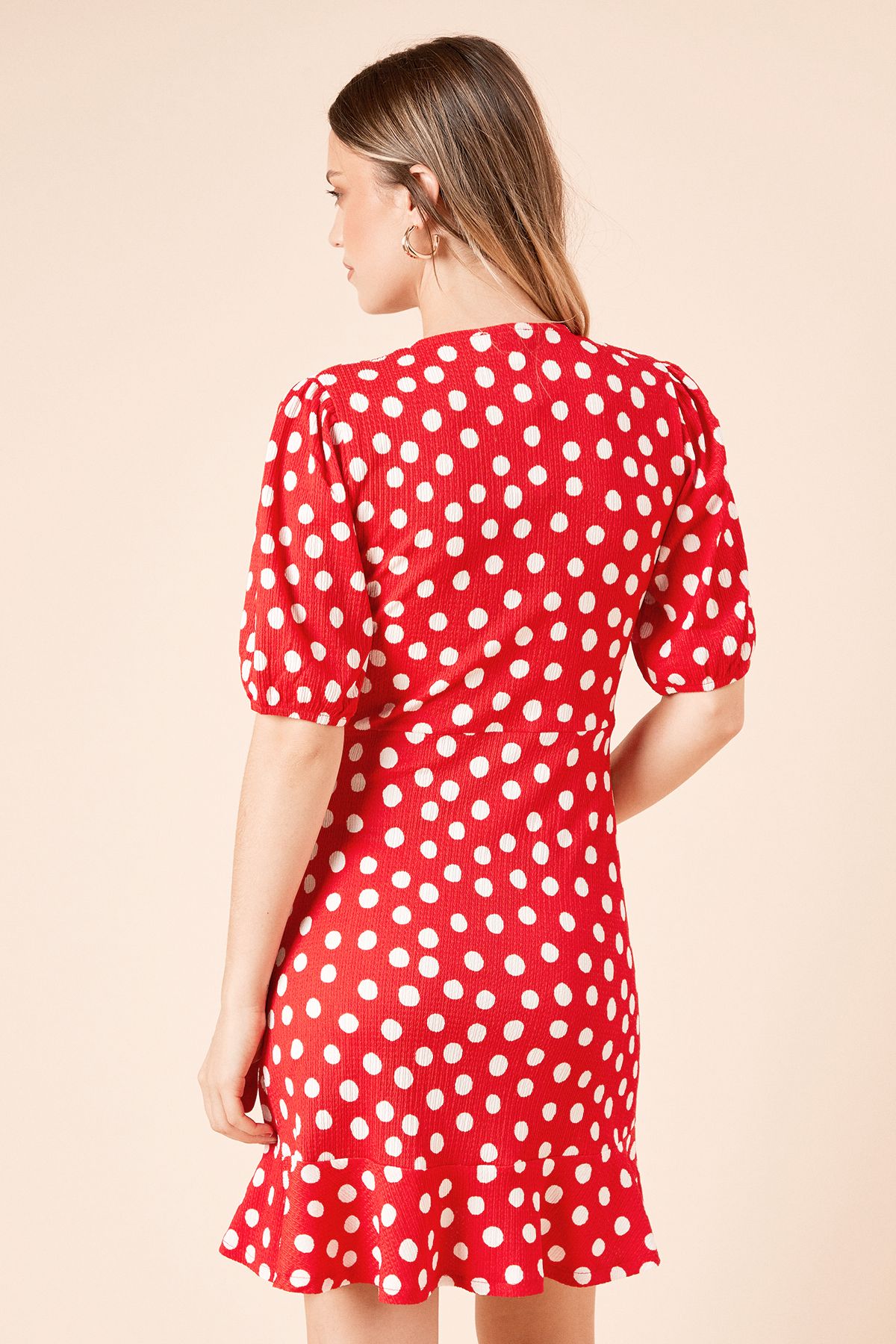 Dorothy Perkins Spot Puff Sleeve Jersey Mini Wrap Dress Red image 4