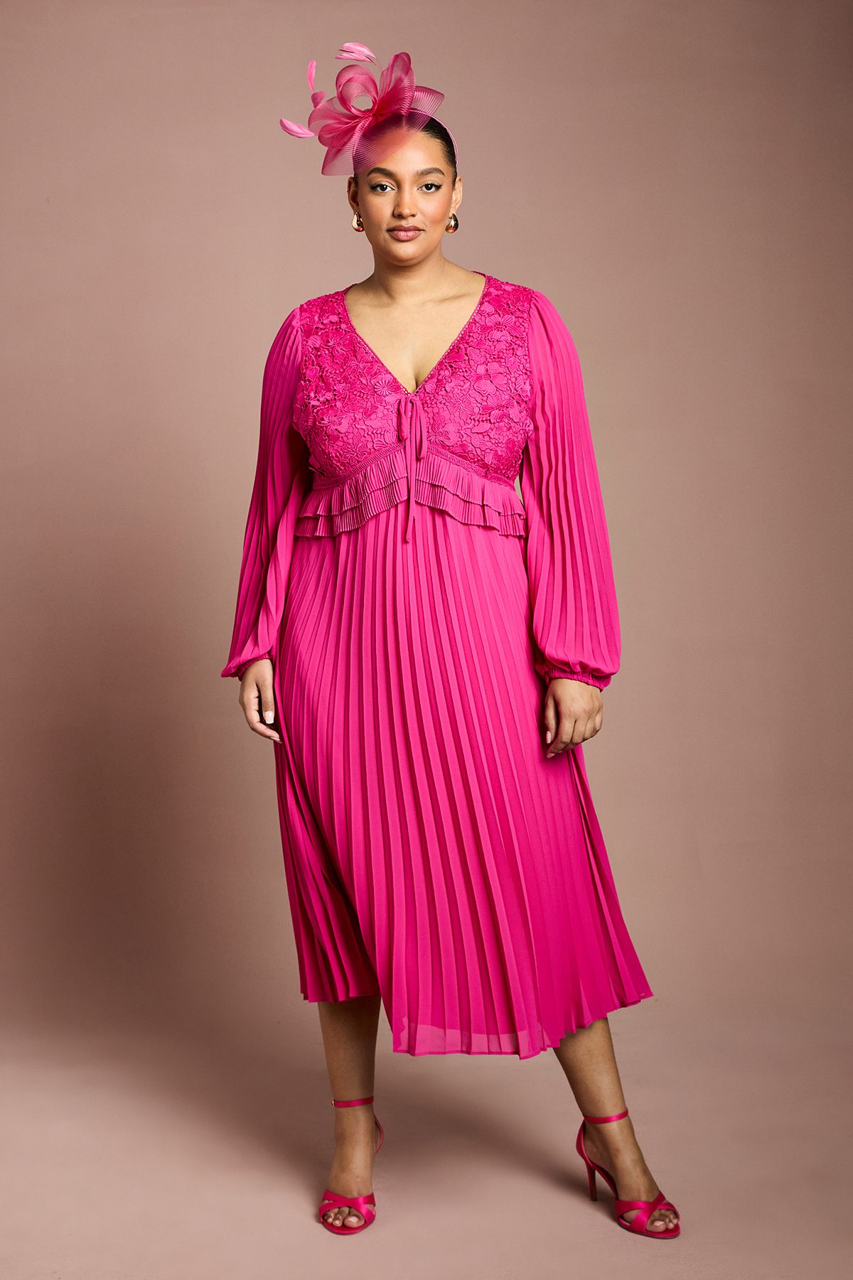 Coast Plus Lace Insert Long Sleeve Pleat Dress Magenta image 1