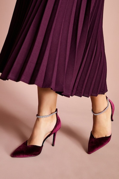Coast Sicily Velvet Diamante Ankle Strap Pointed Court Shoes Burgundy