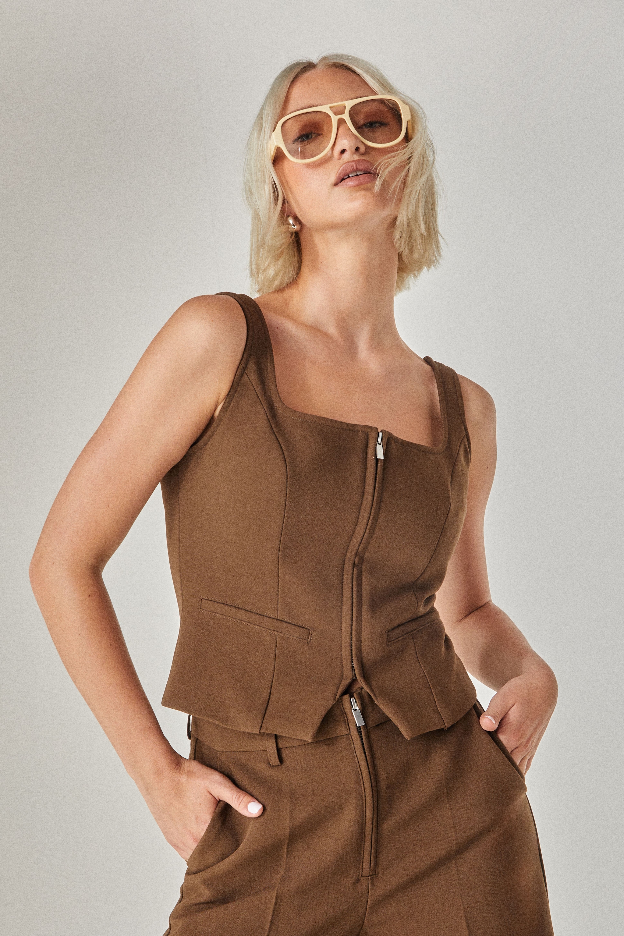 NastyGal Zip Front Tailored Top Chocolate image 1
