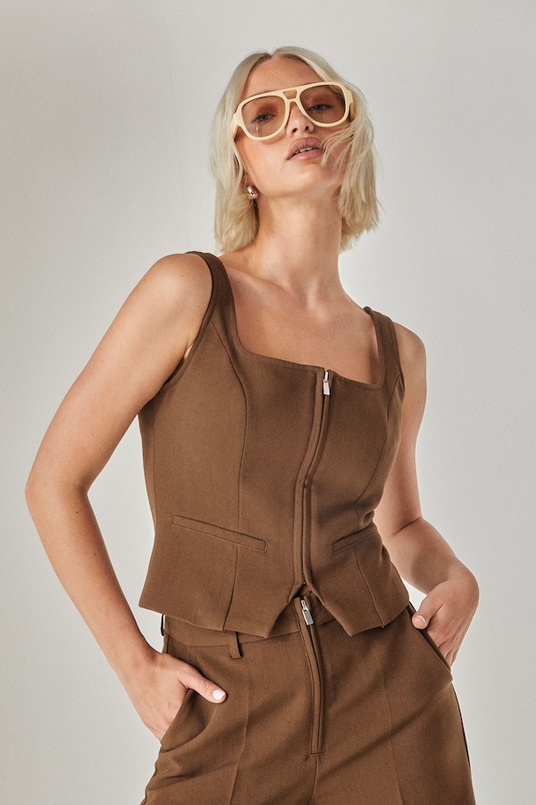 NastyGal Zip Front Tailored Top Chocolate