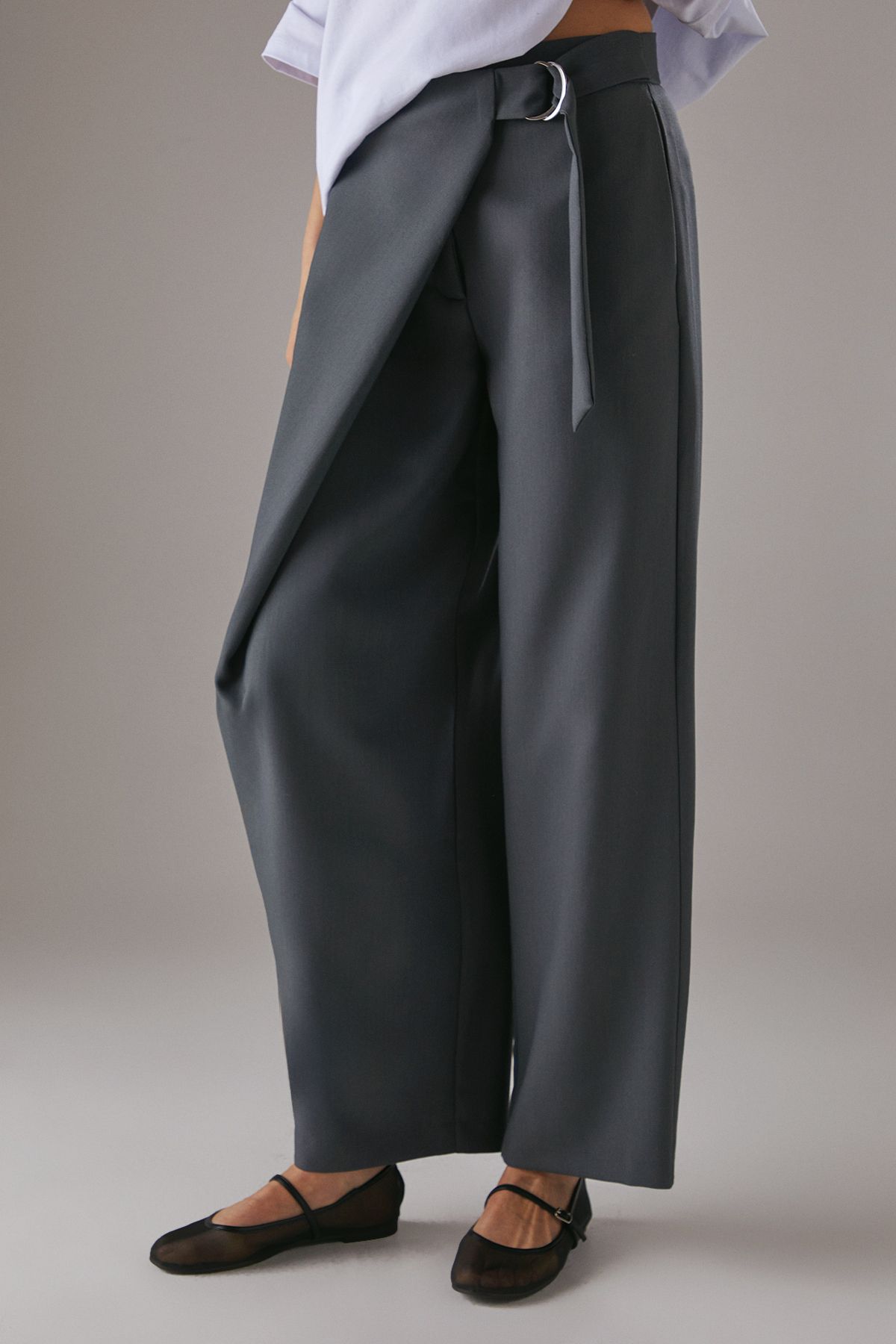 Warehouse Wrap Skirt Buckle Detail Wide Leg Trousers Grey image 2