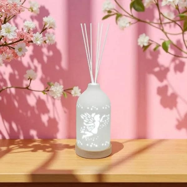 Aromatize Woodbridge LED Ceramic Clean Linen Scented Reed Diffuser Liquid & 8 Reeds - Fairy image 2