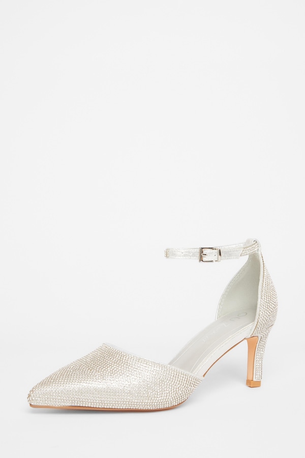 Quiz Silver Wide Fit Embellished Court Heels