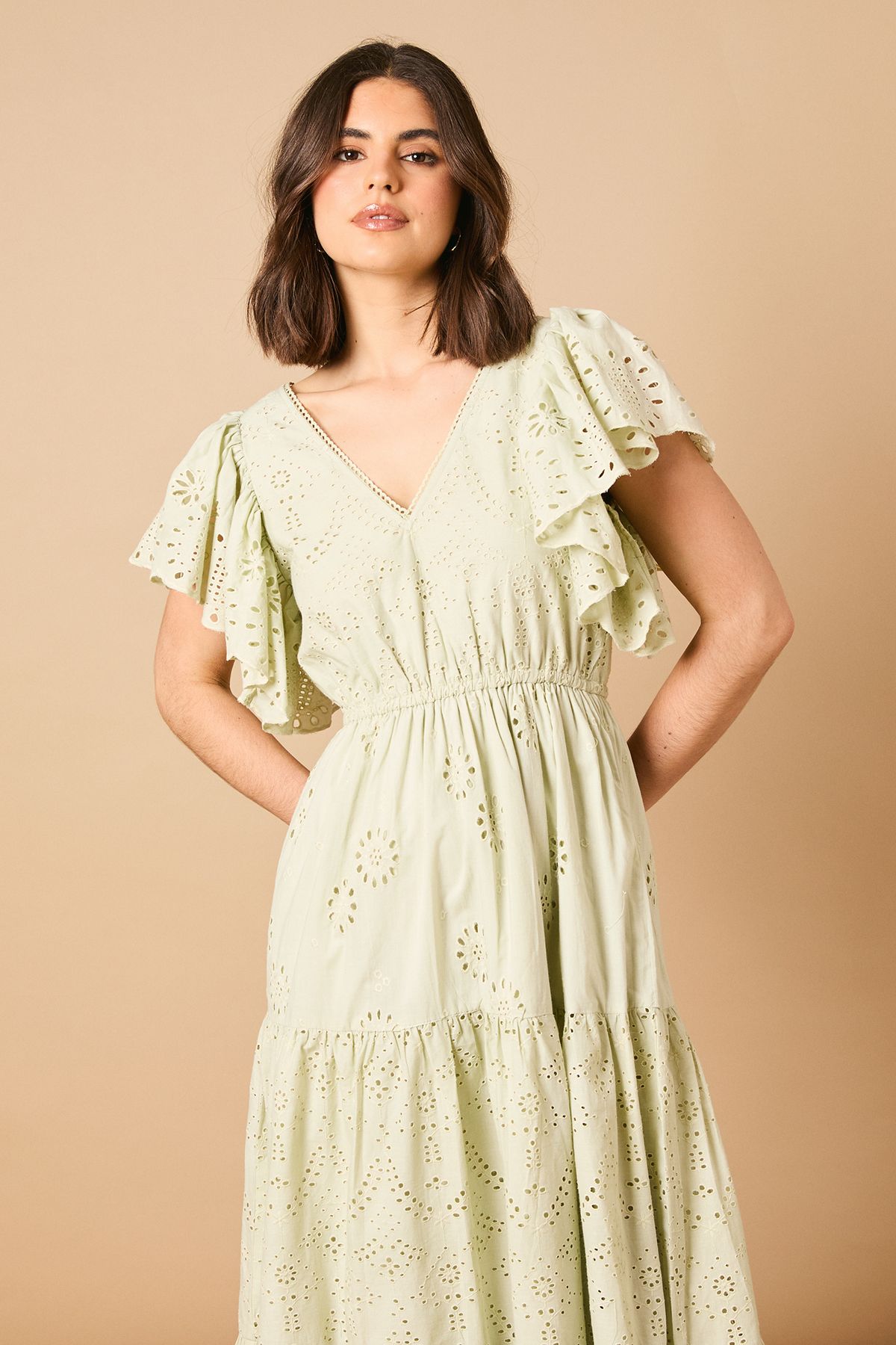 Oasis Broderie V Neck Angel Sleeve Maxi Dress Sage image 2