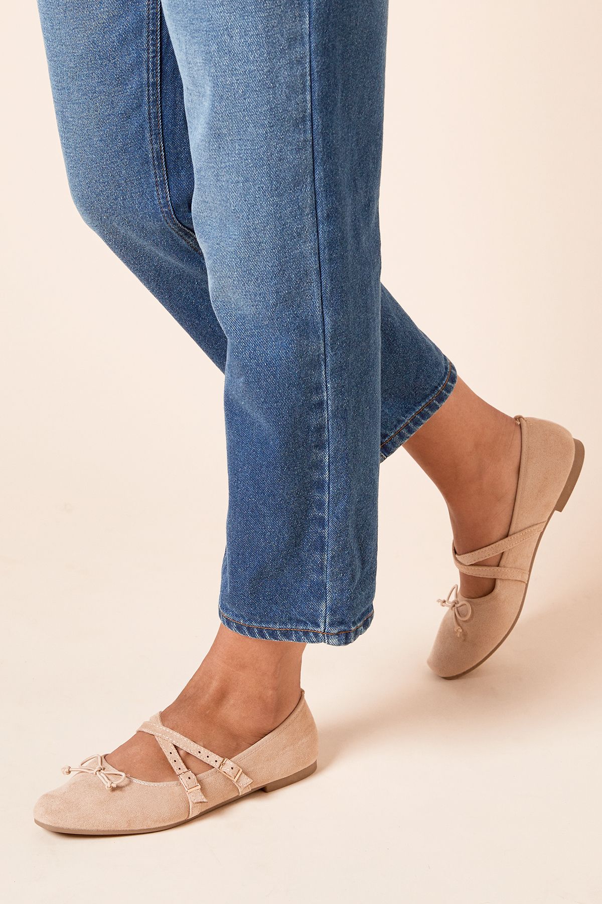 Dorothy Perkins Margaret Faux Suede Cross Strap Mary Jane Flat Ballet Pumps Taupe image 1