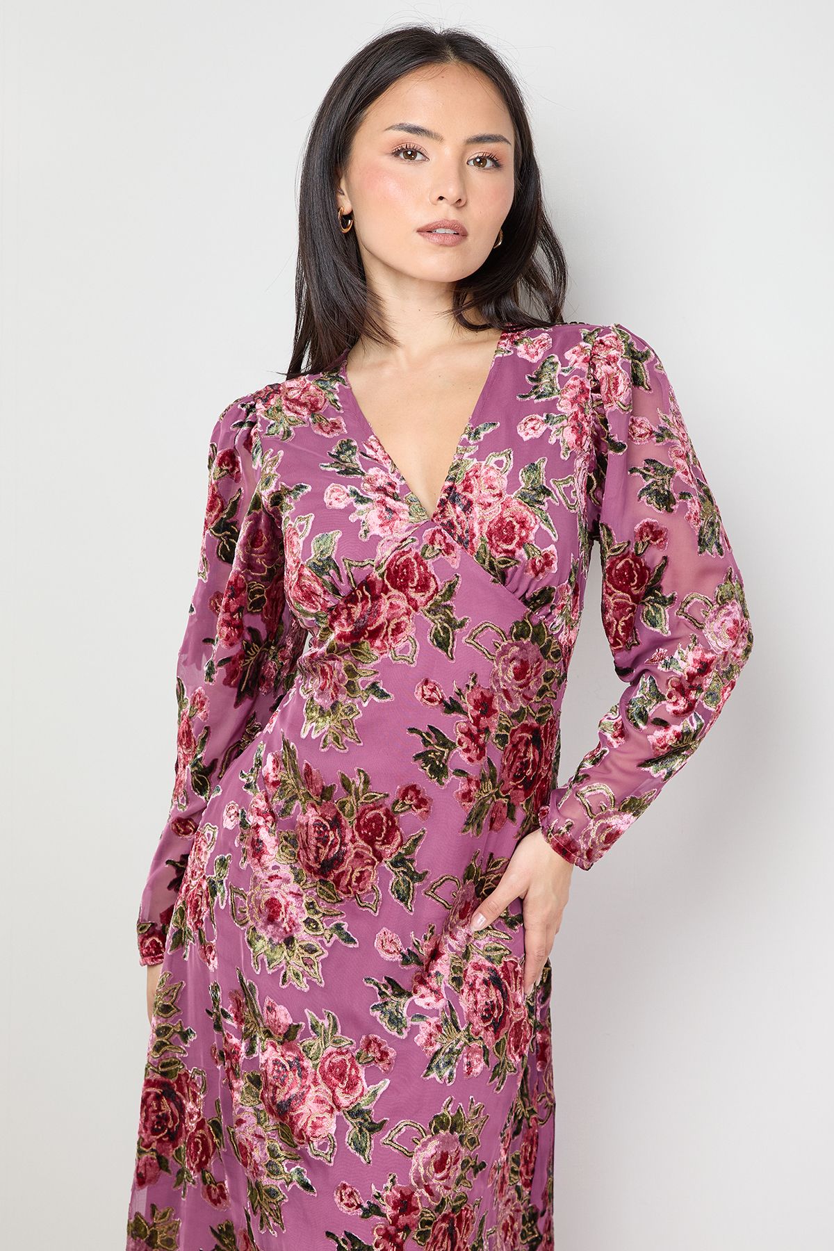 Oasis Petite Devore Puff Sleeve Bias Tea Dress Rose image 2