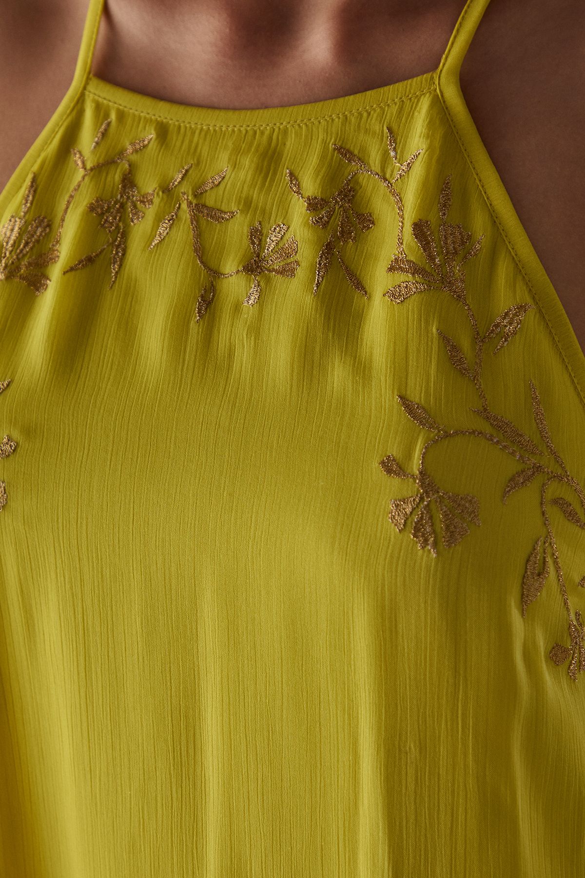 Warehouse HCD Chiffon Embroidered Halter Mini Dress Chartreuse image 5