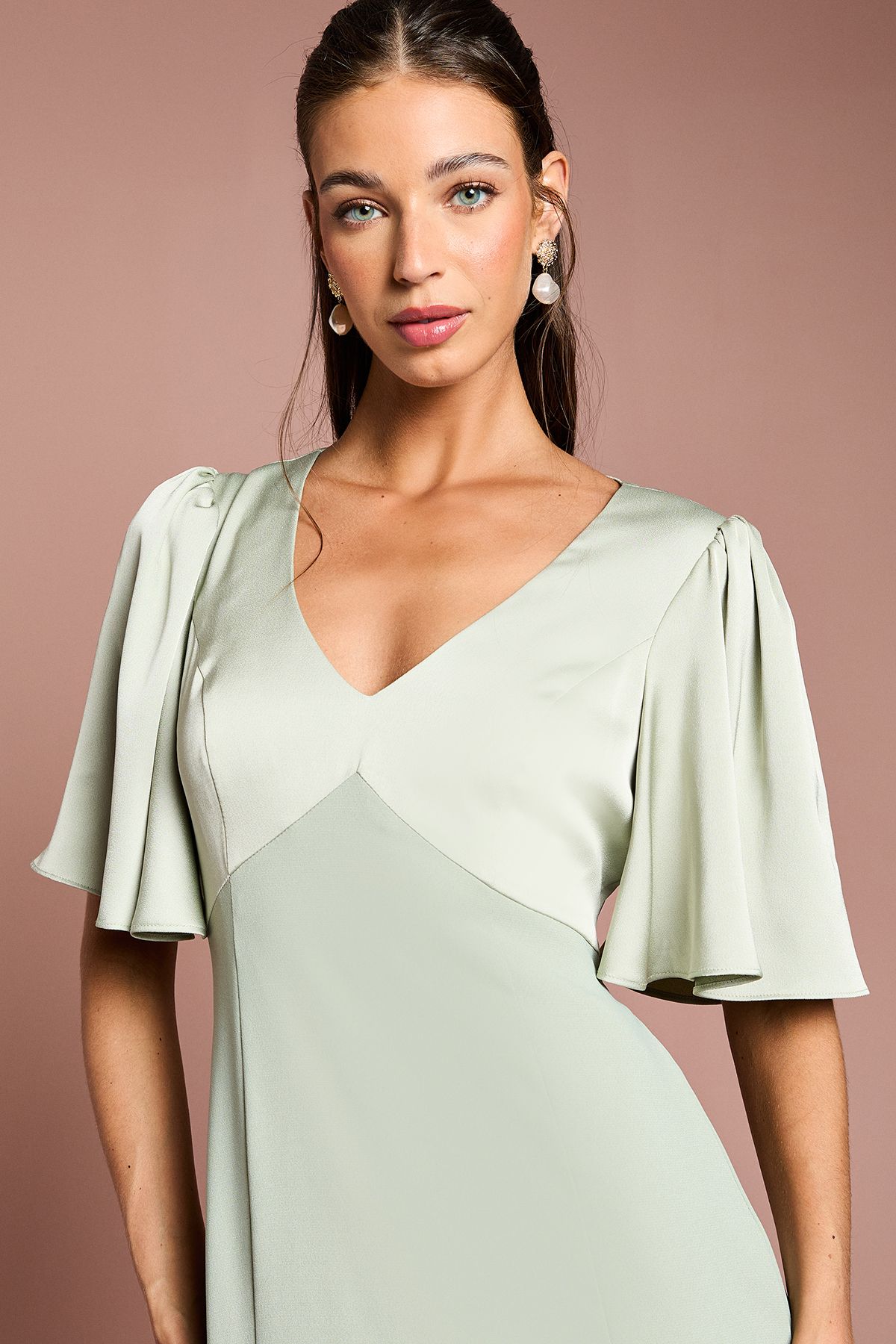 Coast Contrast Satin Angel Sleeve Open Back Bridesmaid Dress Sage image 3