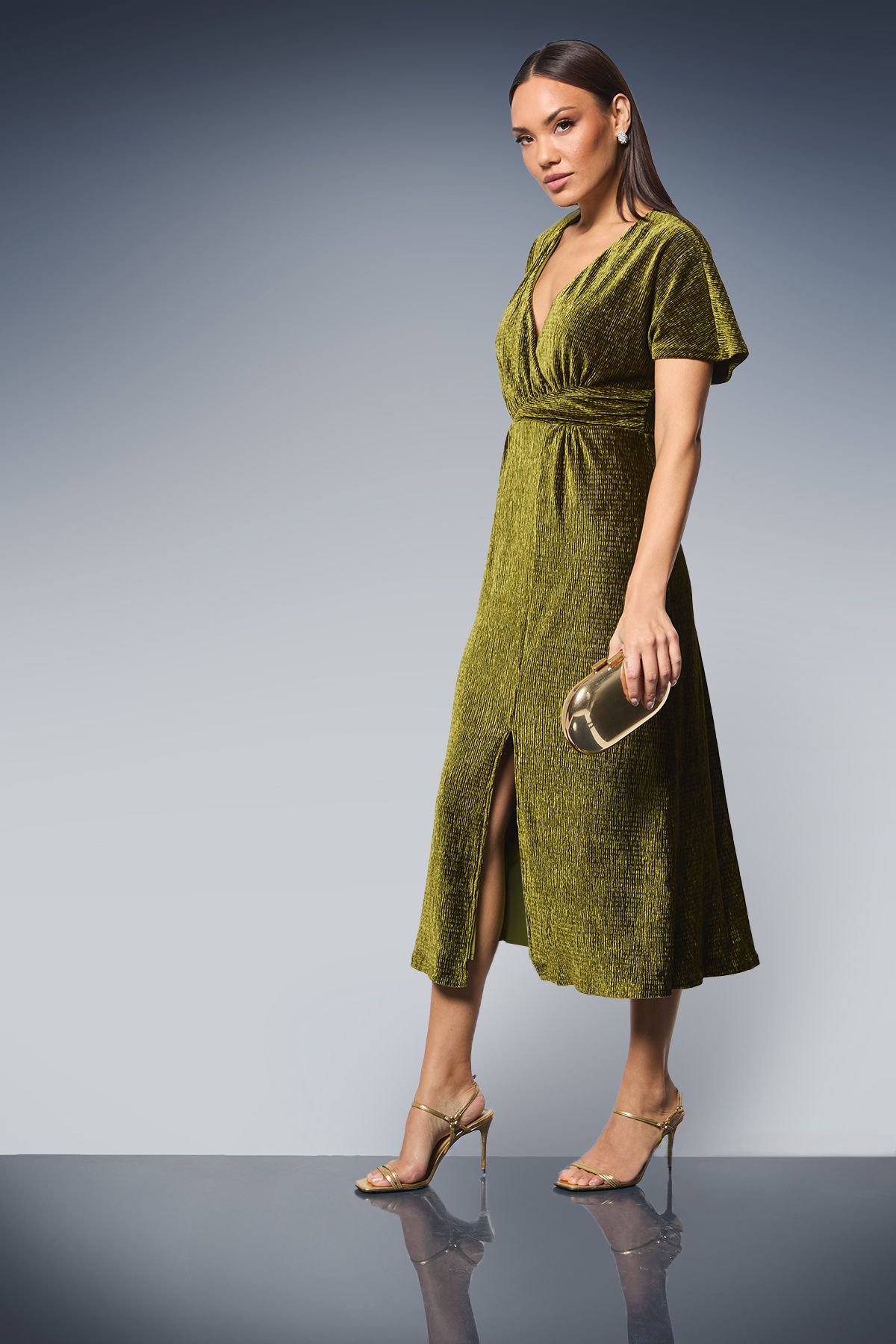 Principles Wrap Crinkle Velvet Midi Dress Olive