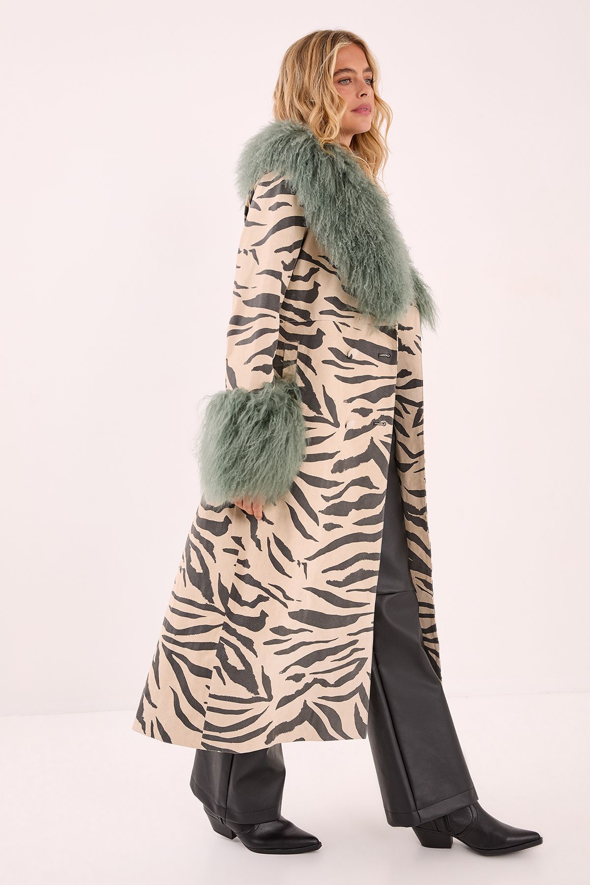 NastyGal Premium Mono Zebra Real Suede Shearling Maxi Coat Mono image 2