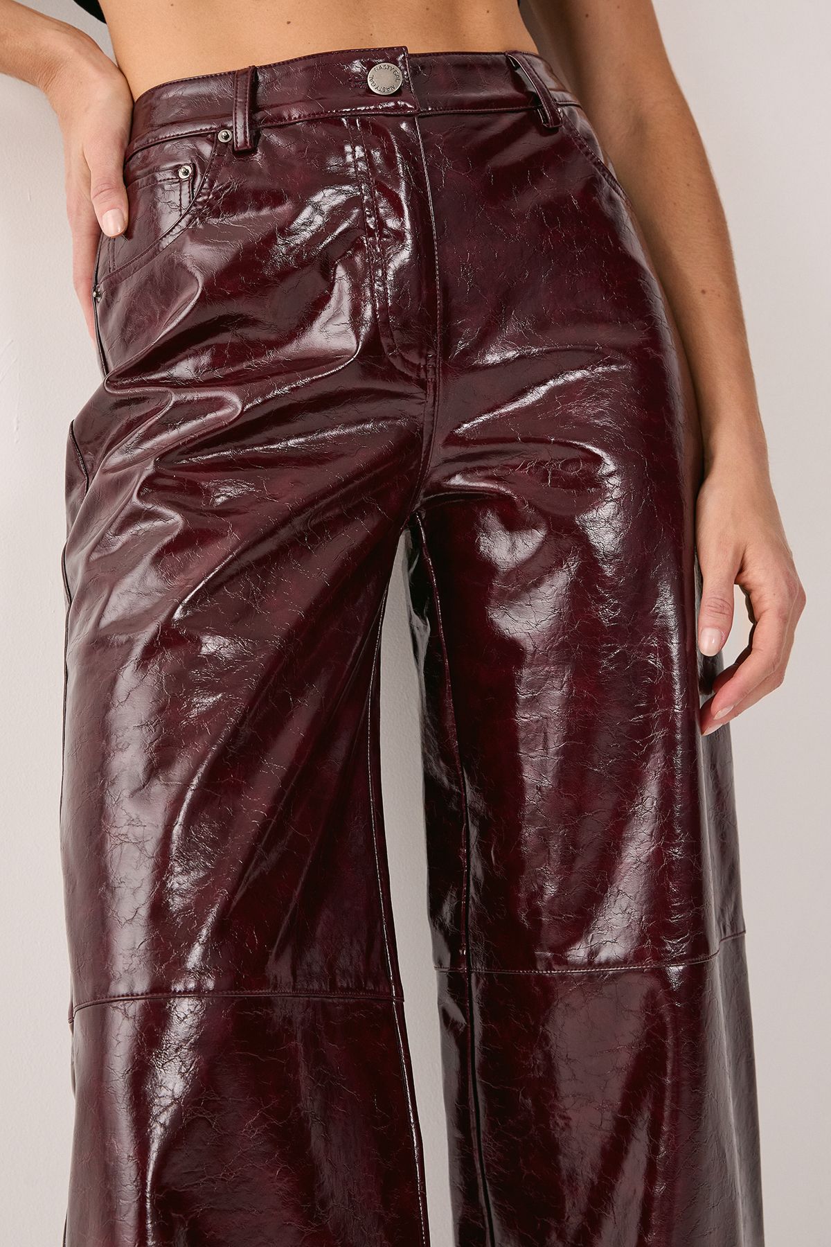 NastyGal Premium Vinyl High Shine Faux Leather Slouch Pant Burgundy image 4