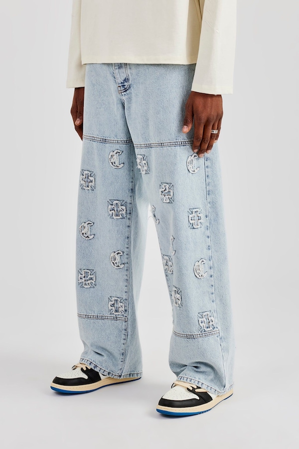 Cernucci Etched Motif Baggy Fit Jean - Light Blue