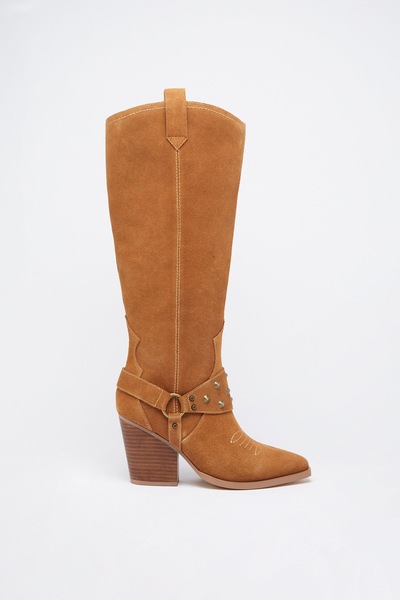 Warehouse Suede Harness Detail Knee High Cowboy Boot Tan