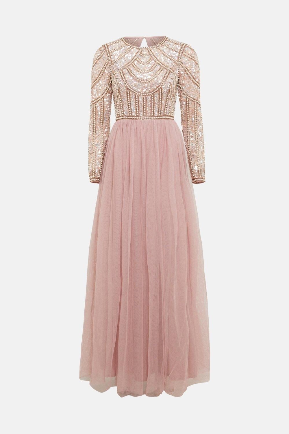 Coast Coast Honoured Long Sleeve Sequin Bodice Tulle Skirt Maxi Bridesmaid Dress Blush image 4