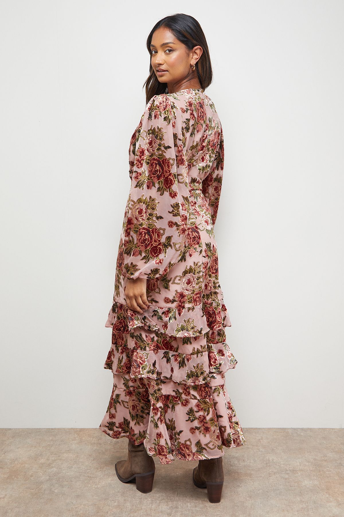 Oasis Devore Tiered Puff Sleeve Midi Tea Dress Rose image 3