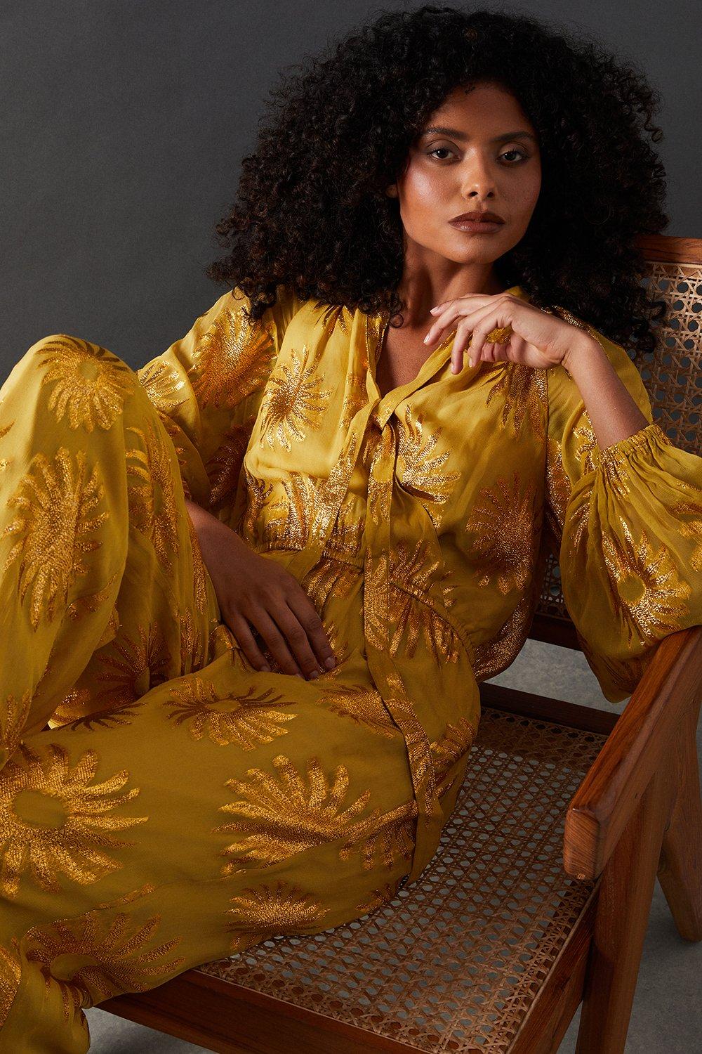 Warehouse Sun Metallic Jacquard Tie Neck Jumpsuit Gold image 2