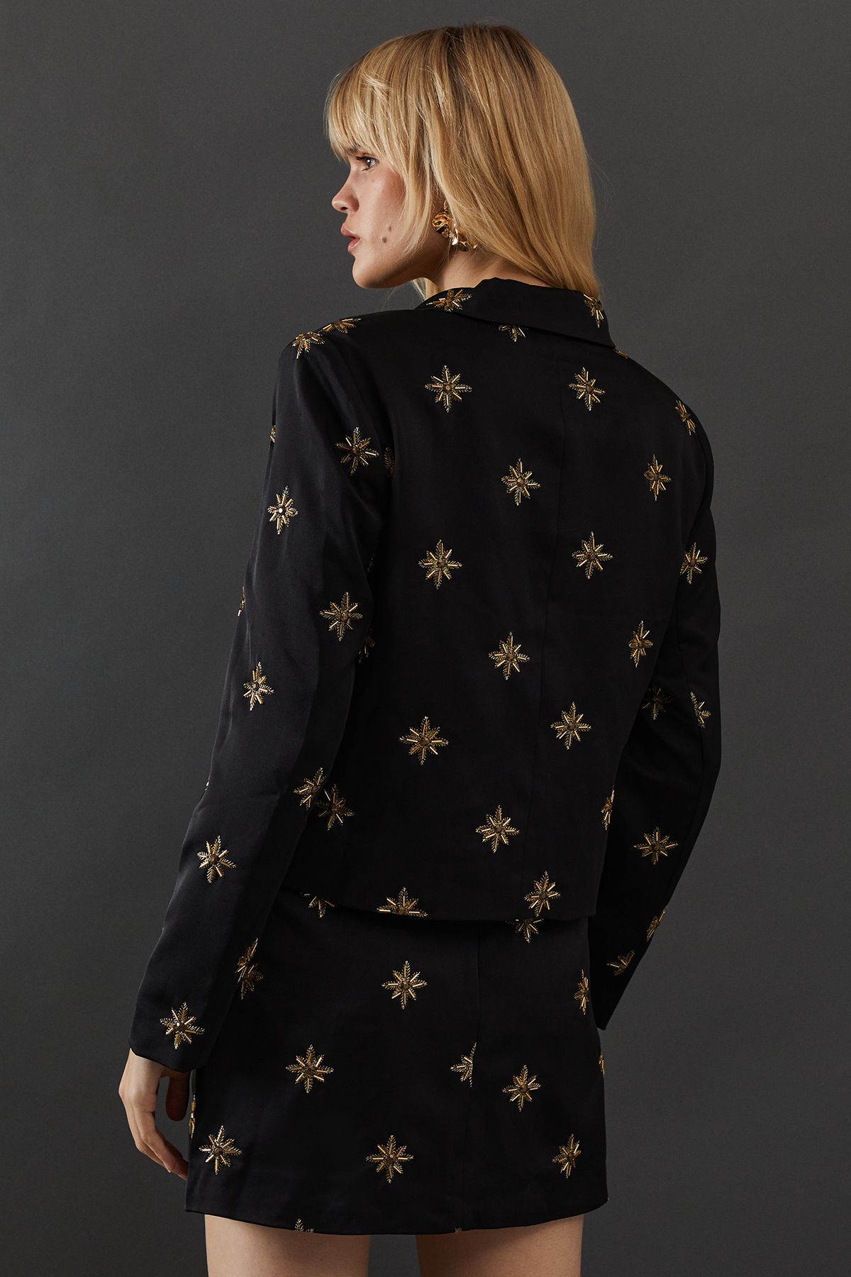 Warehouse Premium Hand Embroidered Celestial Crop Jacket Black image 3