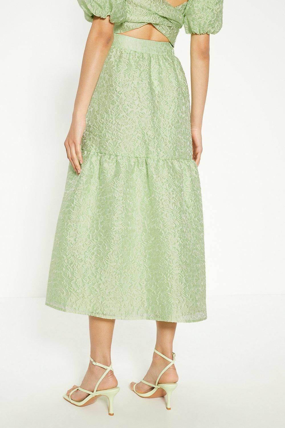 Oasis Jacquard Tiered Midi Skirt Green image 3