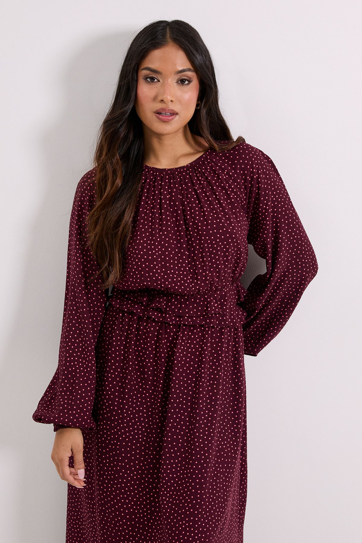 Dorothy Perkins Petite Berry Spot Frill Waist Blouson Sleeve Midi Dress Berry image 2