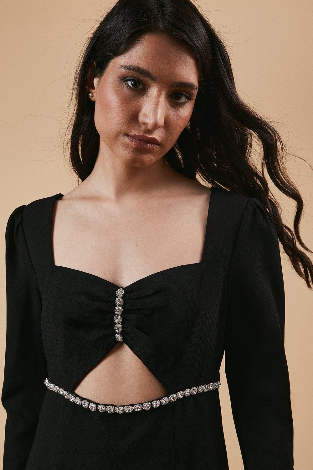 Oasis Petite Occasion Crepe Diamante Trim Cut Out Mini Dress Black image 2