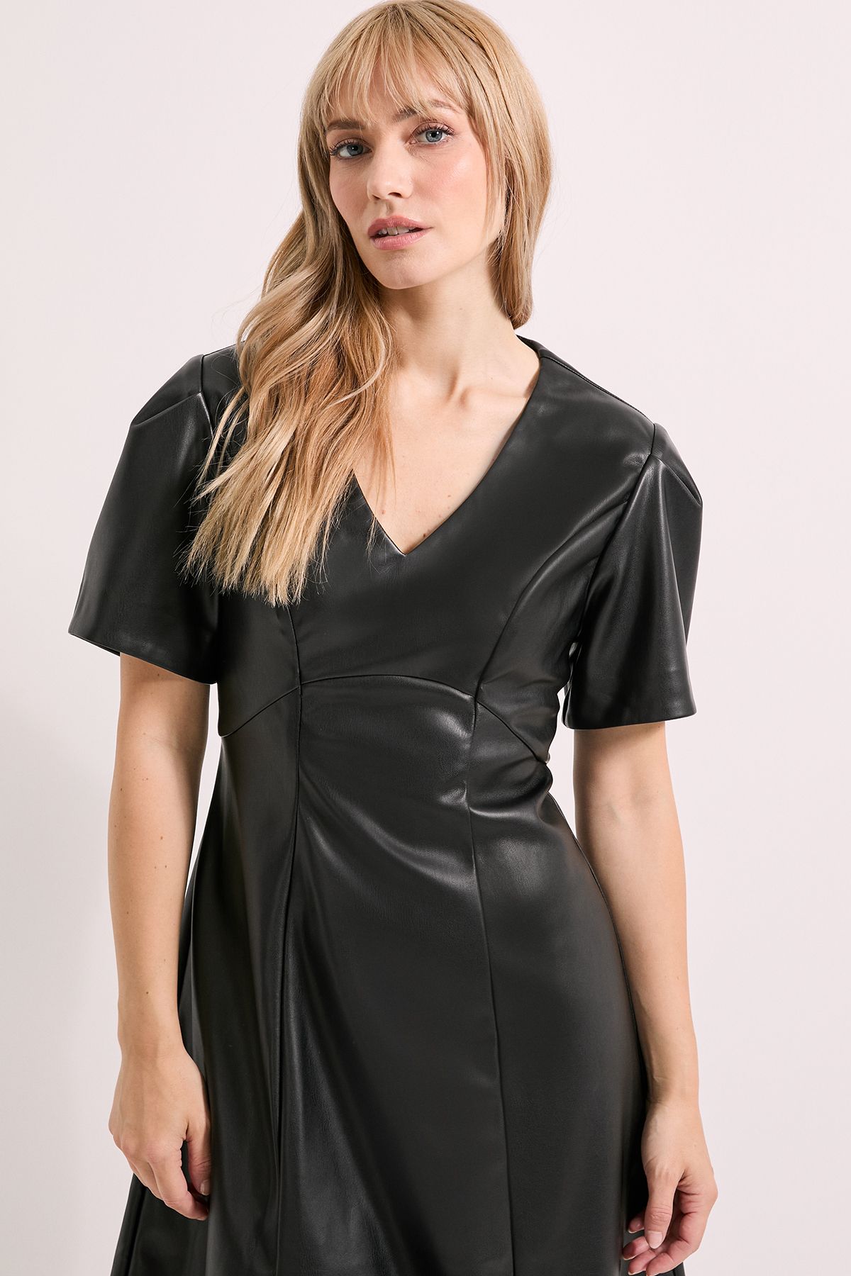 Principles Black V Neck Fit & Flare PU Midi Dress Black image 4