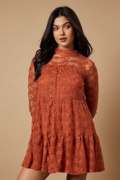 Warehouse Embroidered Mesh High Neck Tier Smock Mini Dress Rust