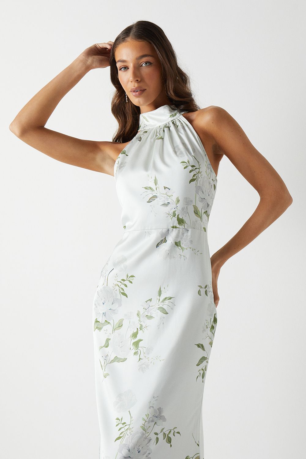 Coast Dahlia Printed Satin Halterneck Bridesmaid Dress Multi image 2