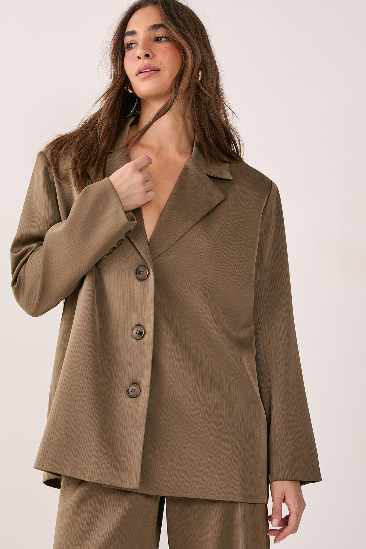 NastyGal Satin Pleated Oversized Blazer Co-ord Olive