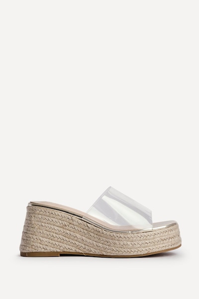 Linzi Espresso Perspex Espadrille Inspired Mule Wedges