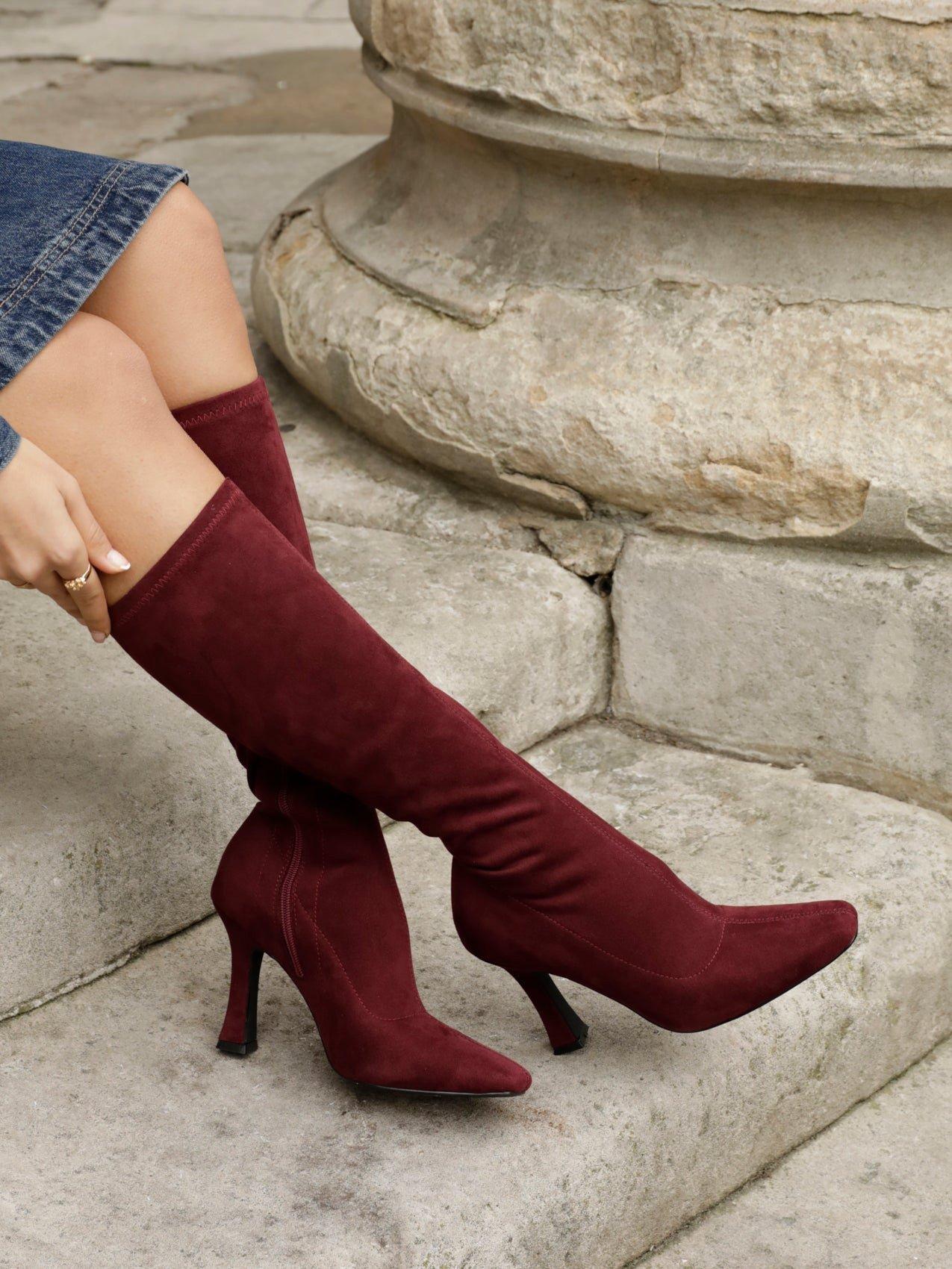 Linzi Gabrielle Burgundy Suede Square Toe Knee High Heeled Boot image 6