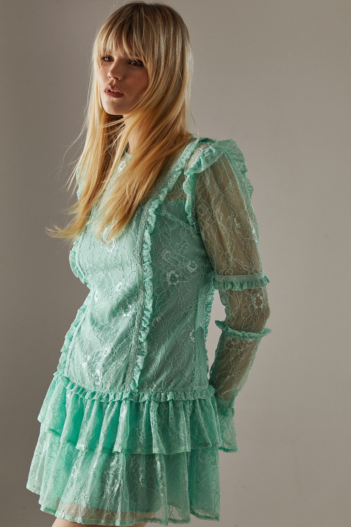 Warehouse Lace Ruffle Insert Mini Dress Sage image 4