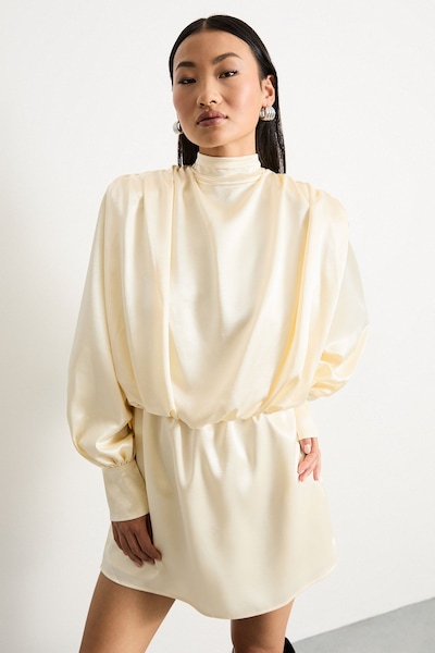 Warehouse Petite Extreme Shoulder Draped Satin Mini Dress Cream