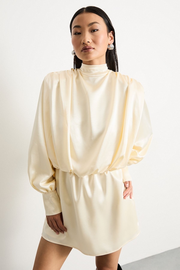 Warehouse Petite Extreme Shoulder Draped Satin Mini Dress Cream