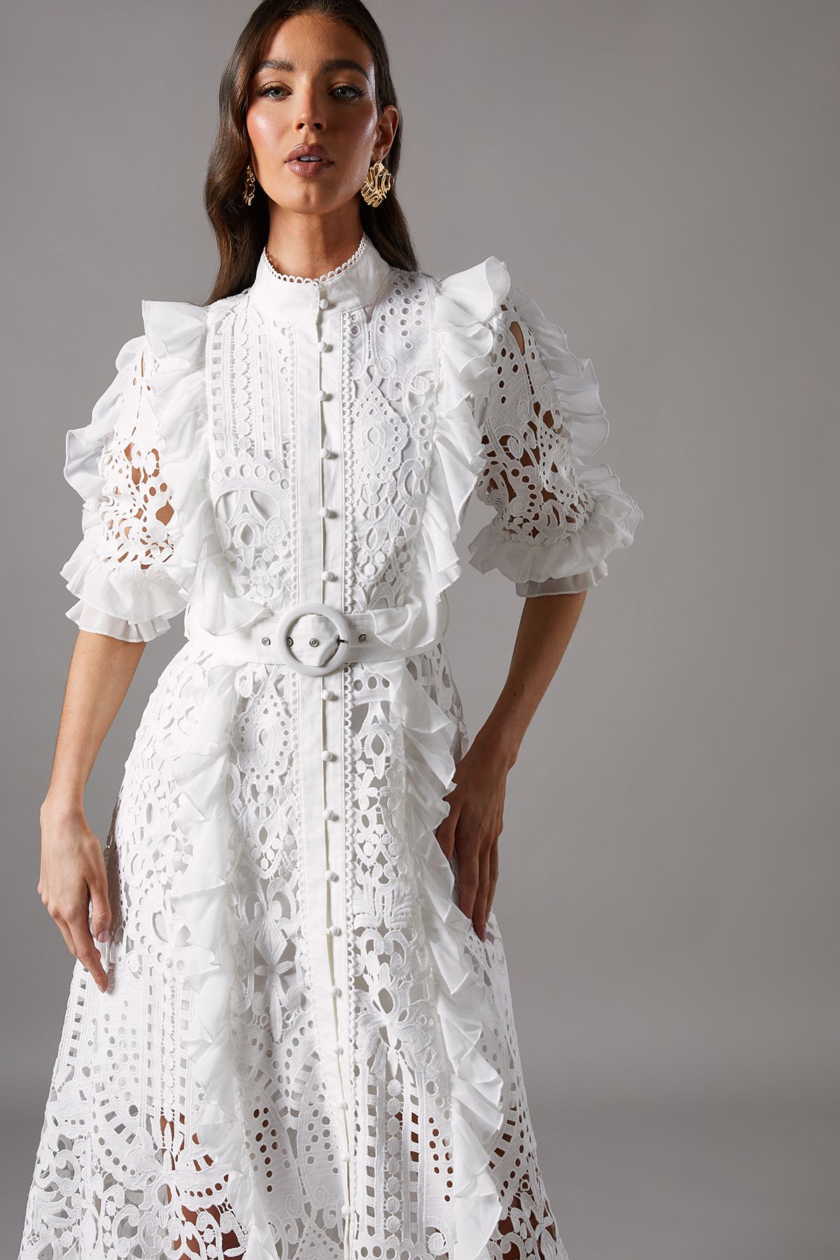 Coast Lace Ruffle Shirt Dress With Tie White image 2