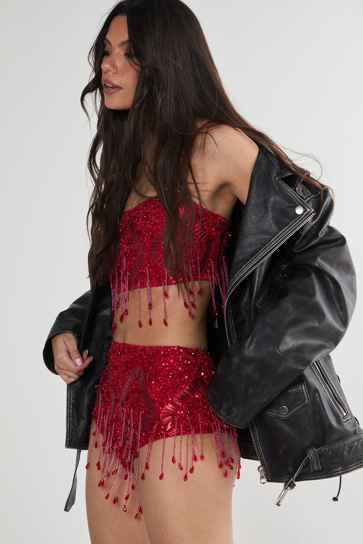 NastyGal Diamante Embellished Tassel Beaded Booty Shorts Red image 2