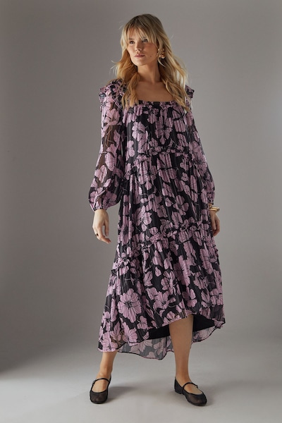 Warehouse Shadow Stripe Ruffle Square Neck Smock Midi Dress Pink