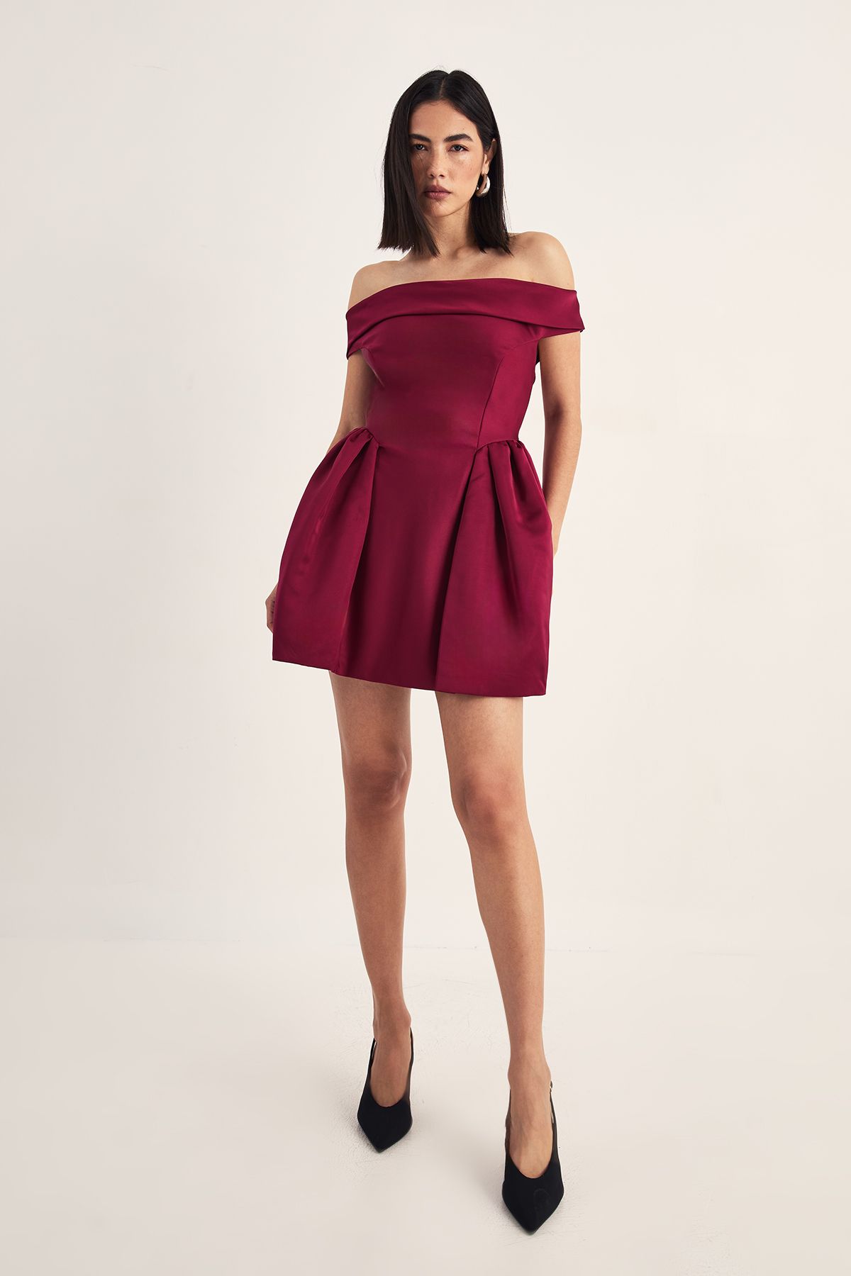 NastyGal Satin Structured Bardot Lantern Mini Dress Dark Red image 2