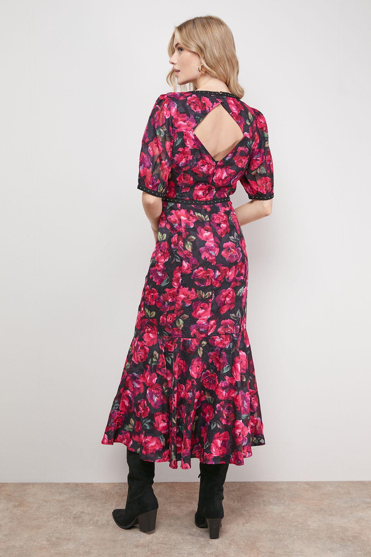 Oasis Printed Jacquard Stud Trim Detail Puff Sleeve Midi Dress Multi image 3