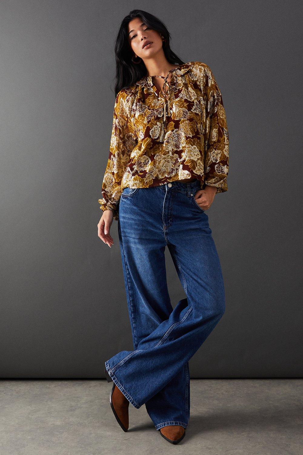 Warehouse Printed Metallic Jacquard Tie Neck Frill Collar Blouse Floral image 4