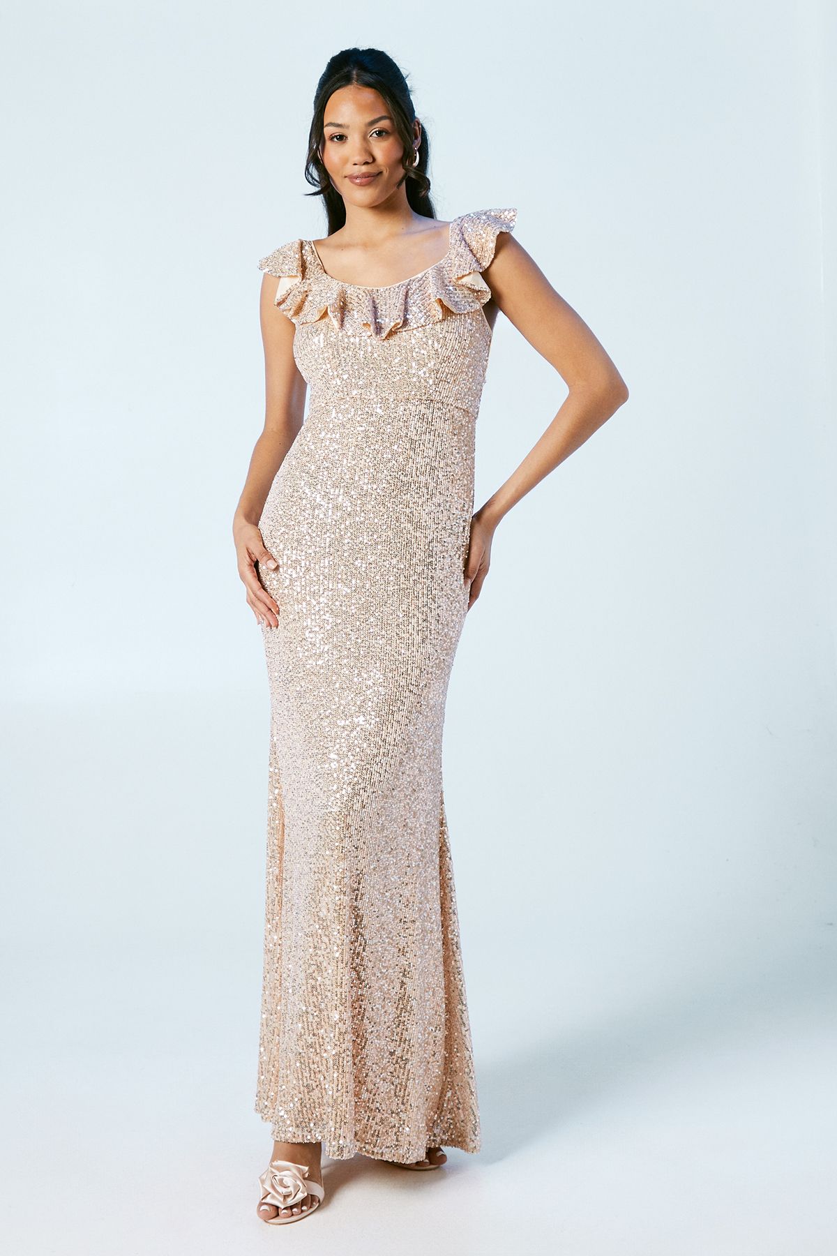 Coast Flutter Neckline Sequin Bridesmaid Maxi Dress Rose Gold image 1