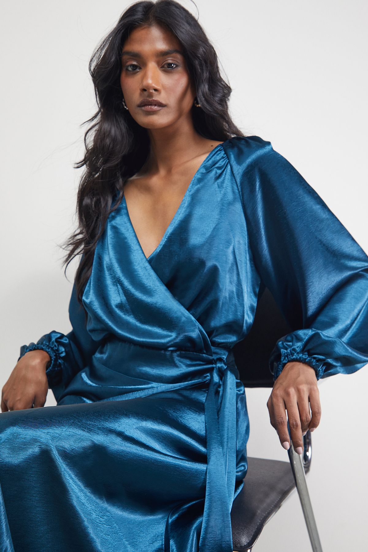 Warehouse Satin Tie Waist Wrap Ruffle Tier Maxi Dress Teal image 2