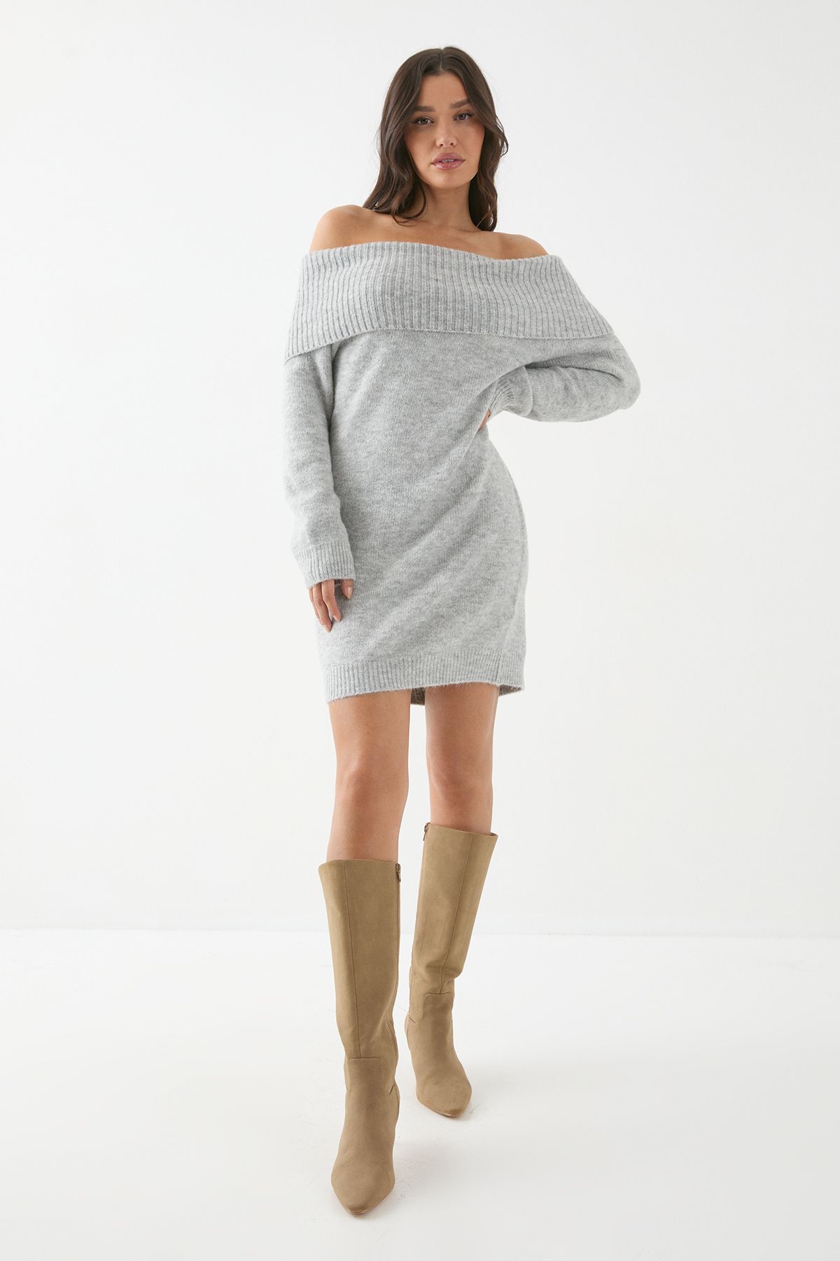 MissPap Premium Knit Bardot Foldover Jumper Dress Grey image 4