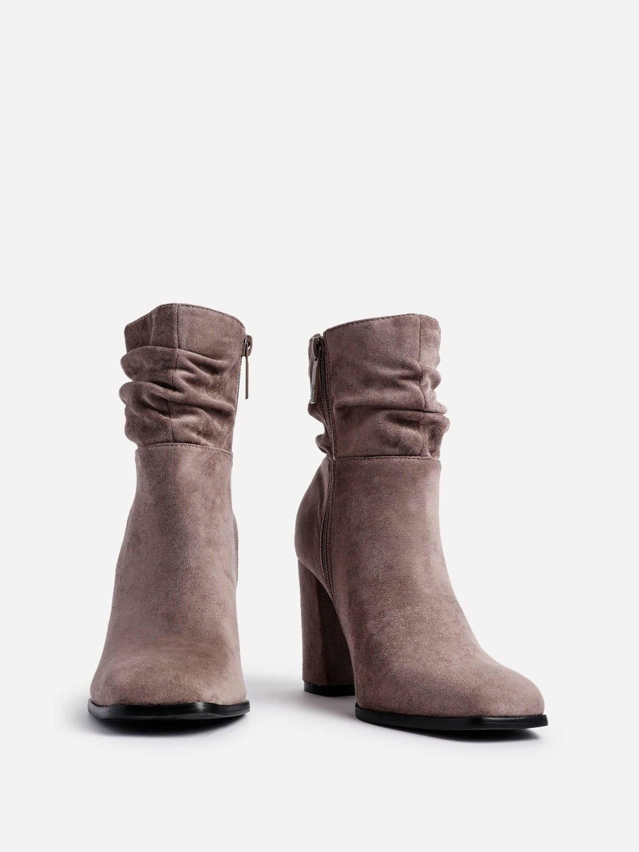 Linzi Mila Mocha Faux Suede Ruched Square Toe Block Heeled Ankle Boot image 3