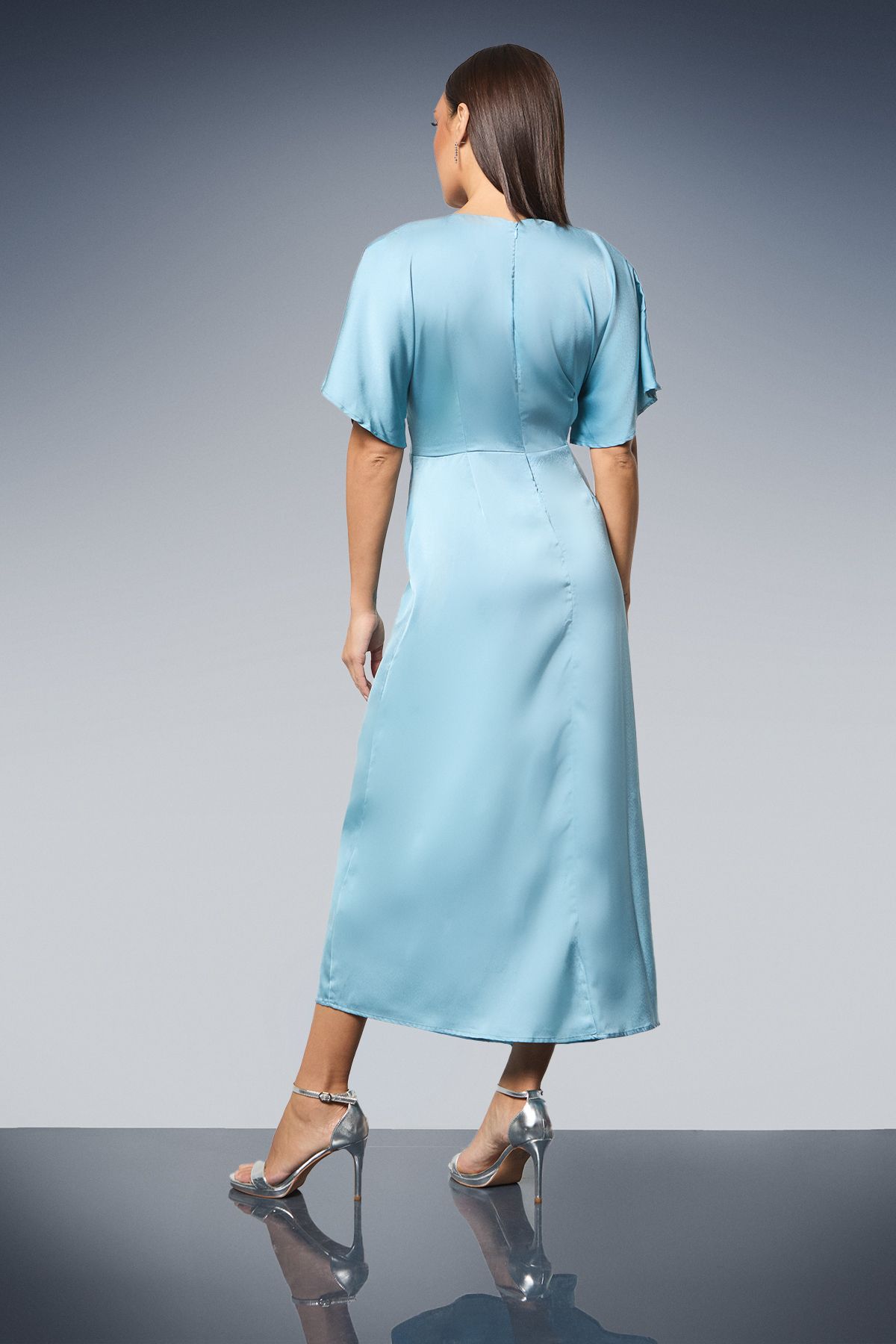 Principles Flutter Sleeve Pleat Detail Satin Midi Dress Light Blue image 3
