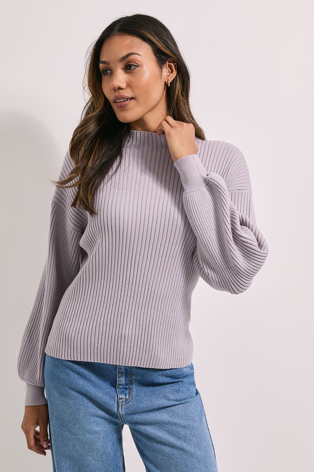 Dorothy Perkins Funnel Neck Balloon Sleeve Jumper Mauve image 1