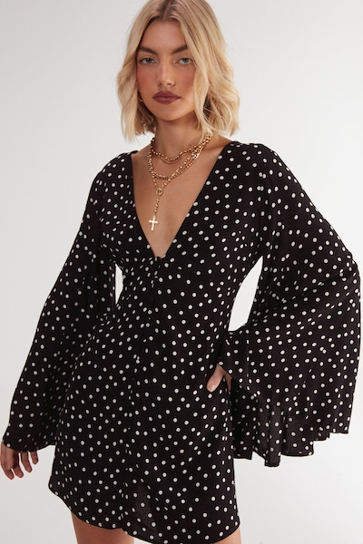 NastyGal Polka Dot Button Down Extreme Flared Sleeve Mini Dress Mono