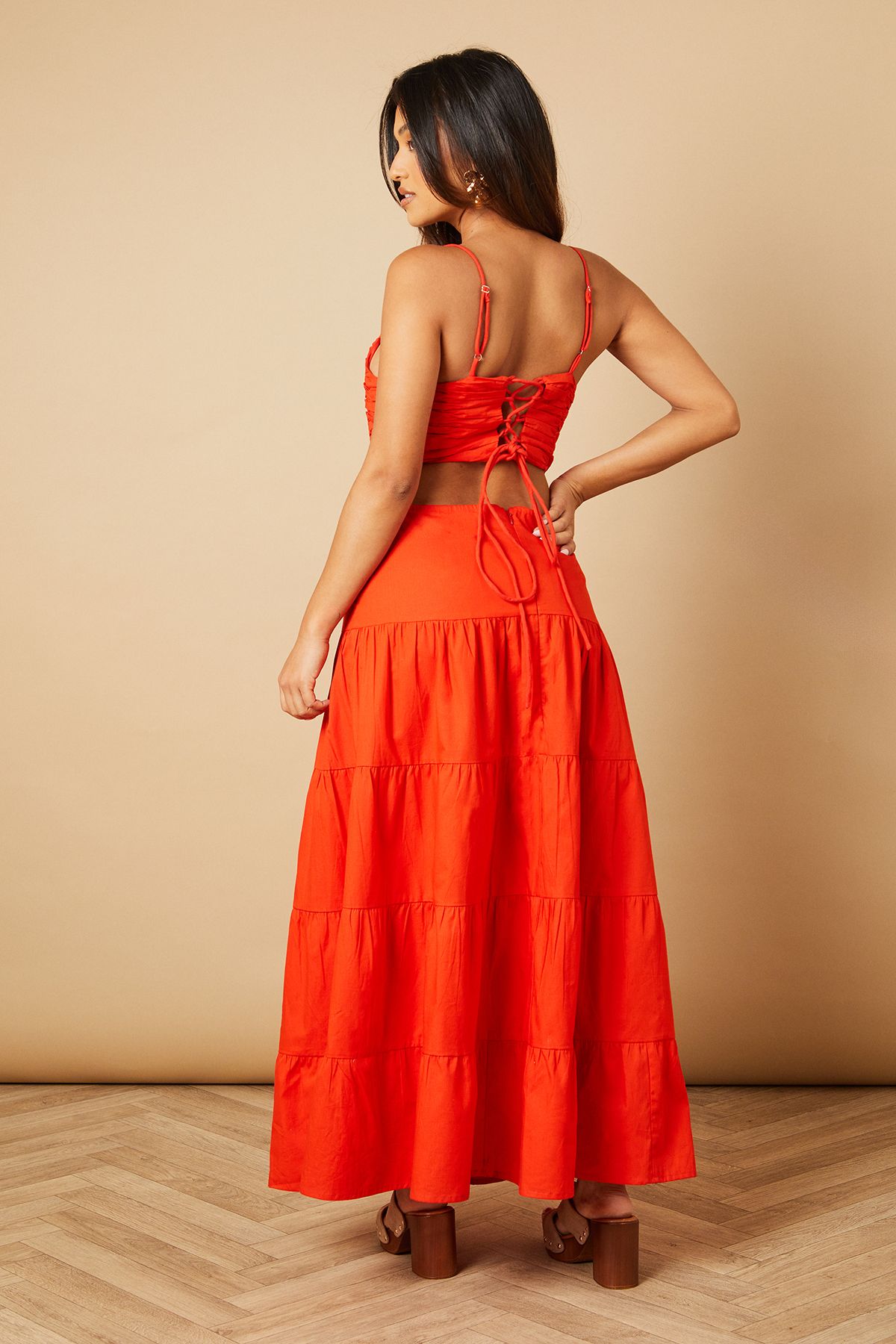 Oasis Petite Ruched Bodice Lace Up Back Maxi Dress Red Orange image 4