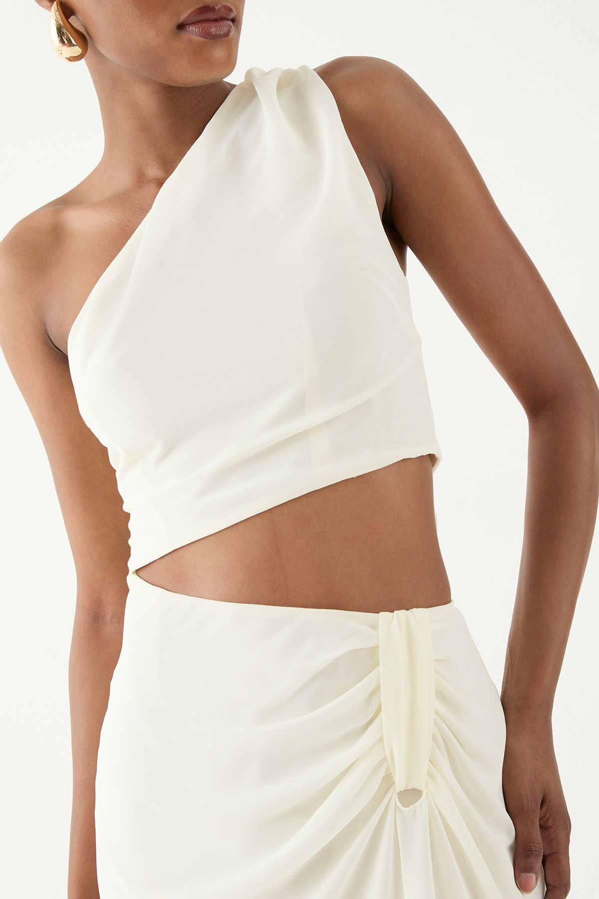 MissPap Asymmetric Shoulder Cut Out Ruched Maxi Dress Butter image 5