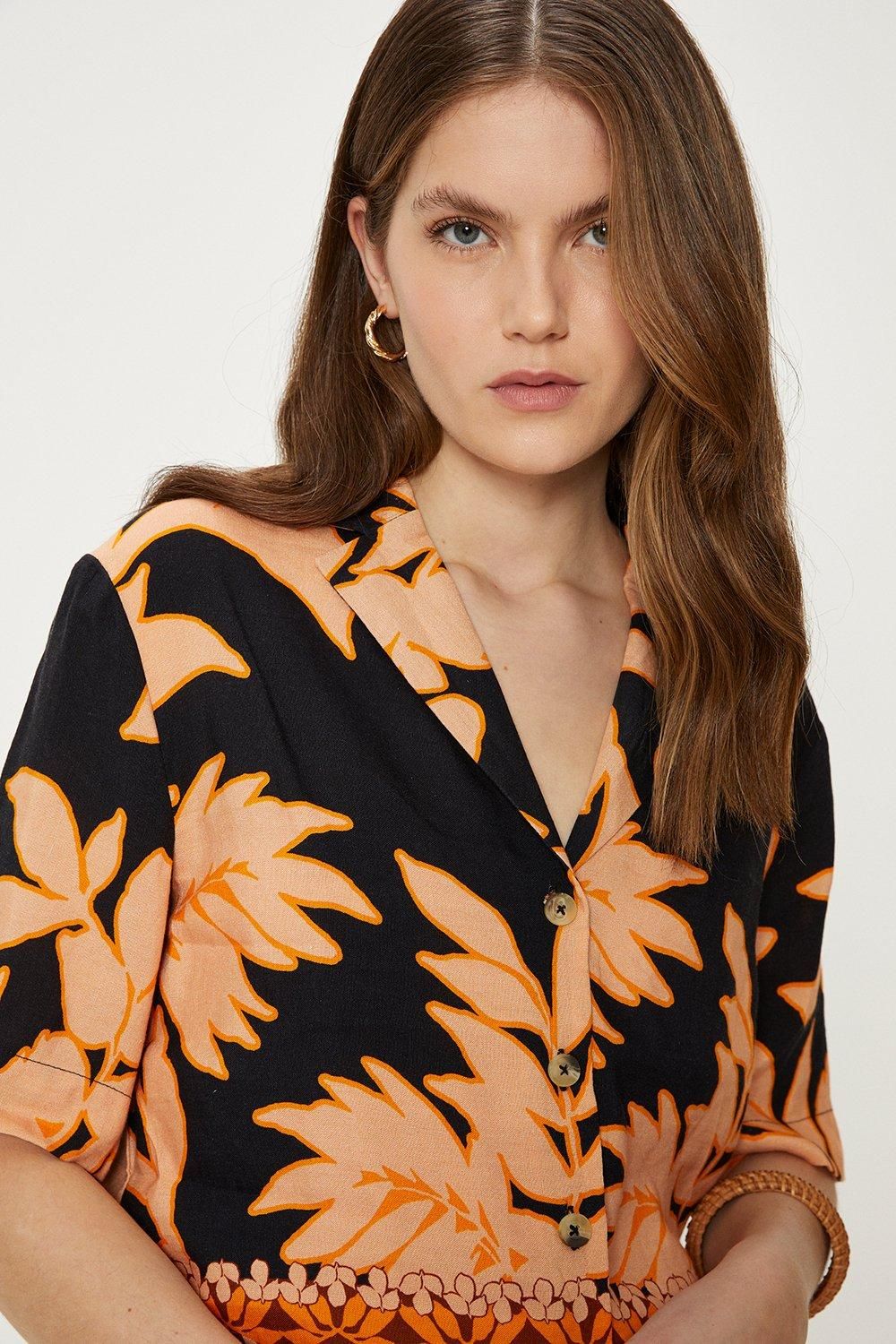 Oasis Linen Mix Border Palm Print Resort Shirt Black image 2